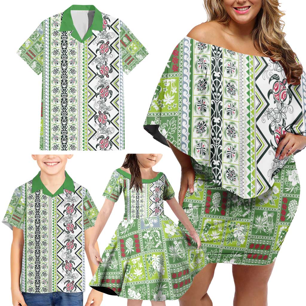Hawaii Makahiki Turtle Family Matching Off Shoulder Short Dress and Hawaiian Shirt Green Tapa Pattern LT05 - Polynesian Pride