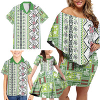 Hawaii Makahiki Turtle Family Matching Off Shoulder Short Dress and Hawaiian Shirt Green Tapa Pattern LT05 - Polynesian Pride