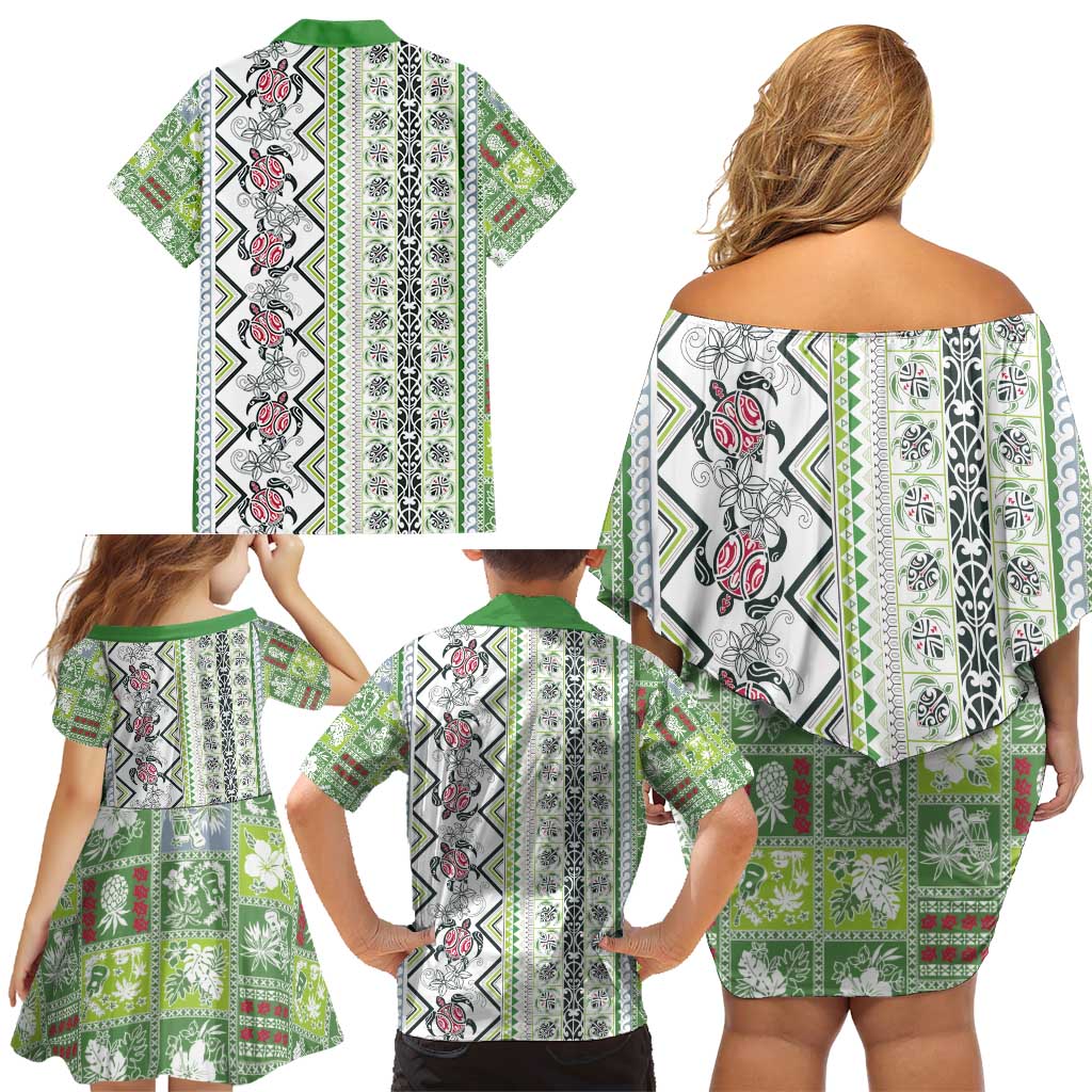 Hawaii Makahiki Turtle Family Matching Off Shoulder Short Dress and Hawaiian Shirt Green Tapa Pattern LT05 - Polynesian Pride