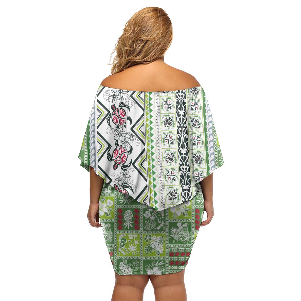 Hawaii Makahiki Turtle Family Matching Off Shoulder Short Dress and Hawaiian Shirt Green Tapa Pattern LT05 - Polynesian Pride