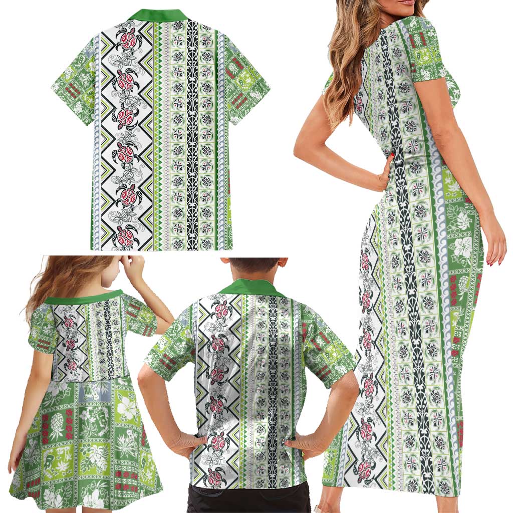 Hawaii Makahiki Turtle Family Matching Short Sleeve Bodycon Dress and Hawaiian Shirt Green Tapa Pattern LT05 - Polynesian Pride