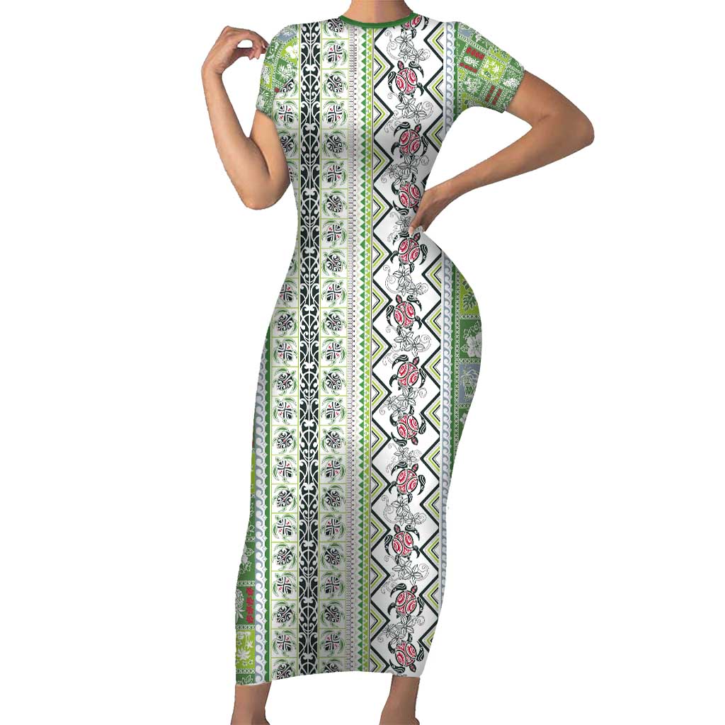 Hawaii Makahiki Turtle Family Matching Short Sleeve Bodycon Dress and Hawaiian Shirt Green Tapa Pattern LT05 Mom's Dress Green - Polynesian Pride