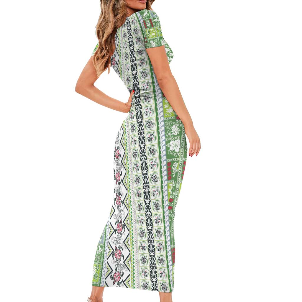 Hawaii Makahiki Turtle Family Matching Short Sleeve Bodycon Dress and Hawaiian Shirt Green Tapa Pattern LT05 - Polynesian Pride