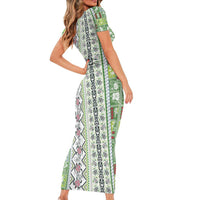 Hawaii Makahiki Turtle Family Matching Short Sleeve Bodycon Dress and Hawaiian Shirt Green Tapa Pattern LT05 - Polynesian Pride