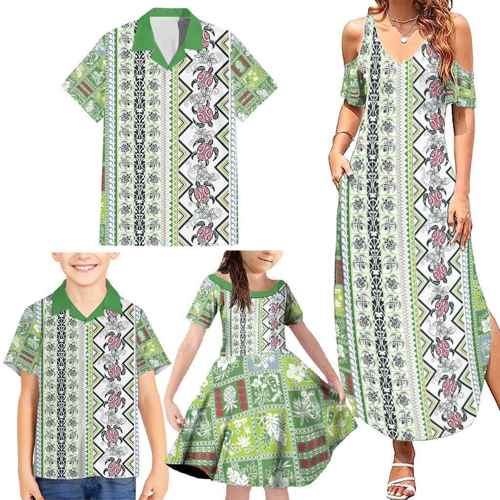 Hawaii Makahiki Turtle Family Matching Summer Maxi Dress and Hawaiian Shirt Green Tapa Pattern LT05 - Polynesian Pride