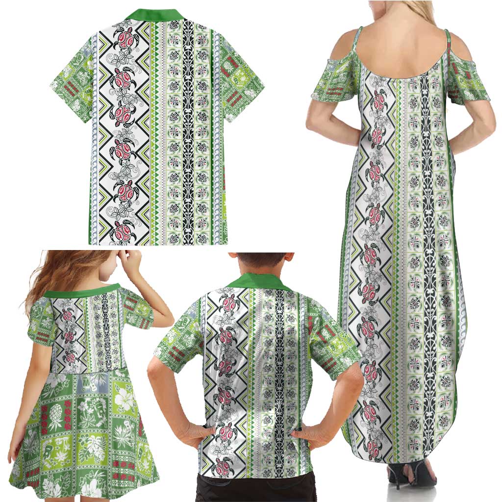 Hawaii Makahiki Turtle Family Matching Summer Maxi Dress and Hawaiian Shirt Green Tapa Pattern LT05 - Polynesian Pride