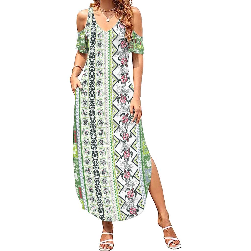 Hawaii Makahiki Turtle Family Matching Summer Maxi Dress and Hawaiian Shirt Green Tapa Pattern LT05 Mom's Dress Green - Polynesian Pride