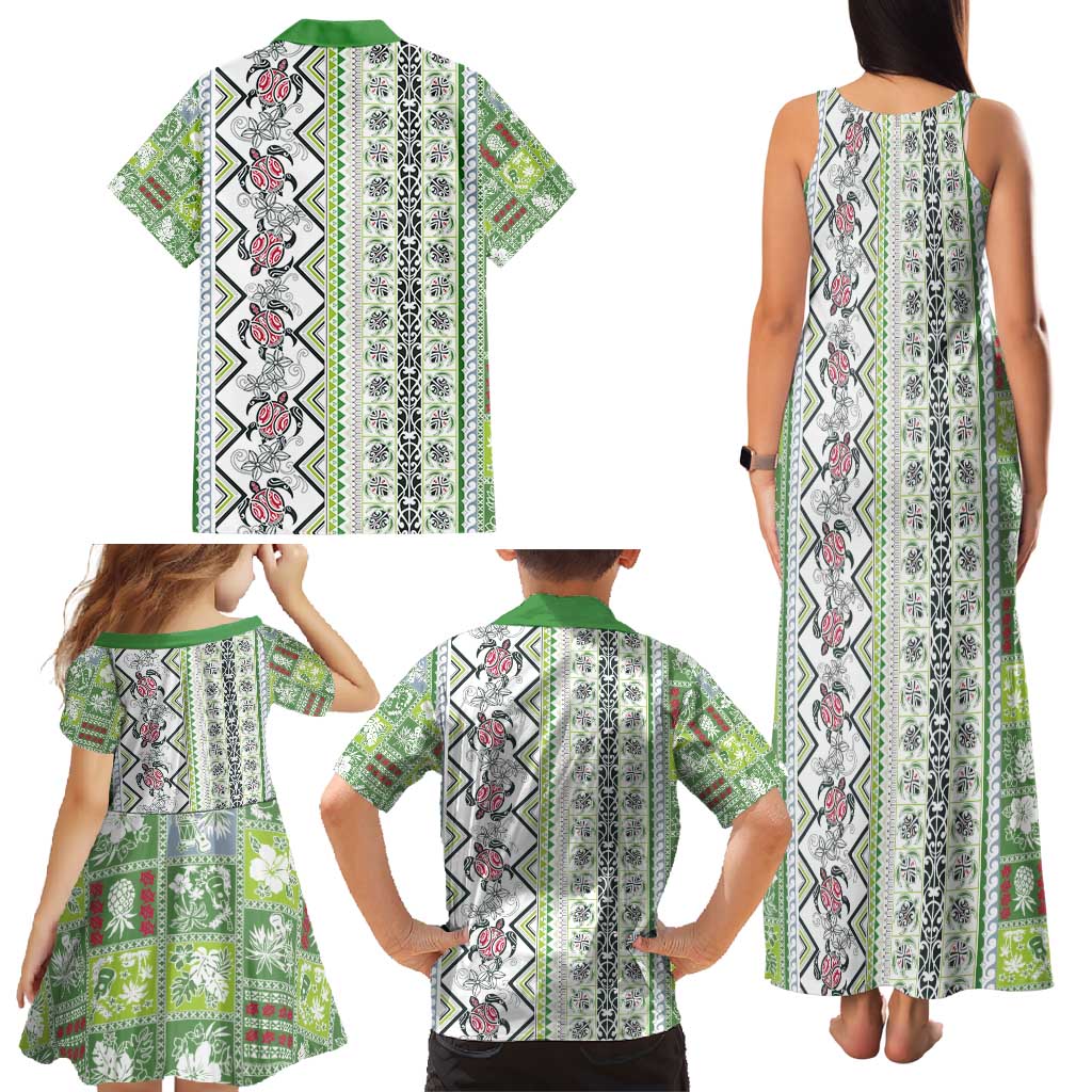 Hawaii Makahiki Turtle Family Matching Tank Maxi Dress and Hawaiian Shirt Green Tapa Pattern LT05 - Polynesian Pride