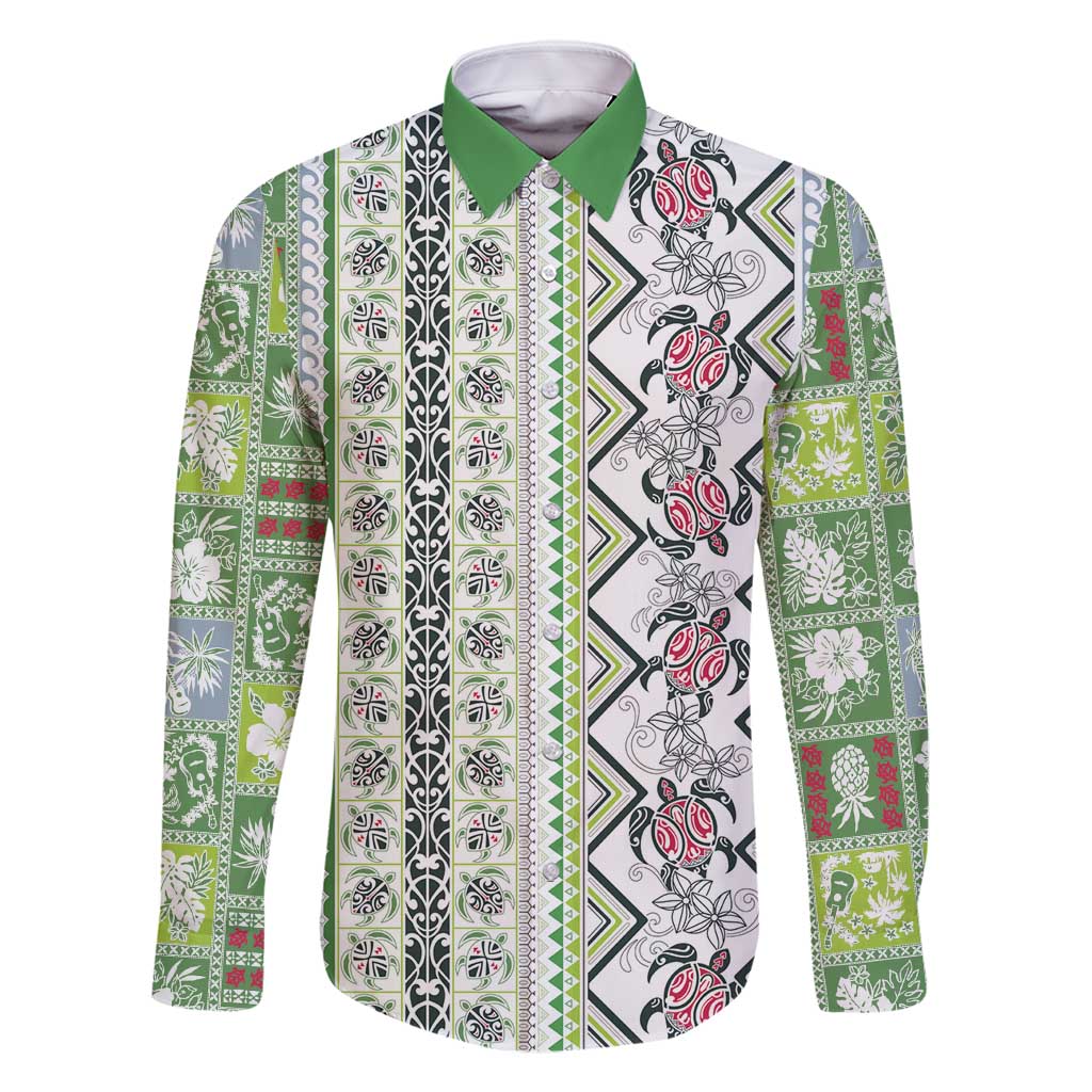 Hawaii Makahiki Turtle Family Matching Tank Maxi Dress and Hawaiian Shirt Green Tapa Pattern LT05 Dad's Shirt - Long Sleeve Green - Polynesian Pride