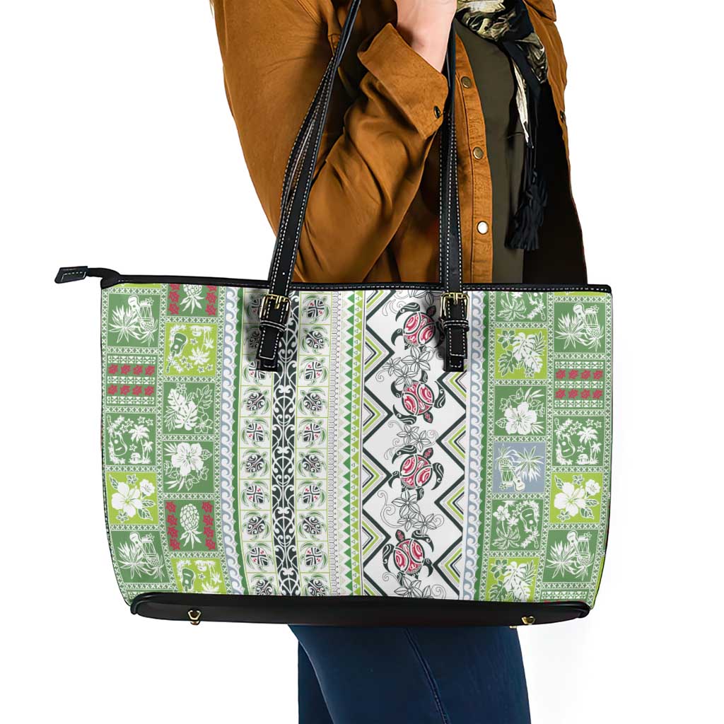 Hawaii Makahiki Turtle Leather Tote Bag Green Tapa Pattern - Polynesian Pride