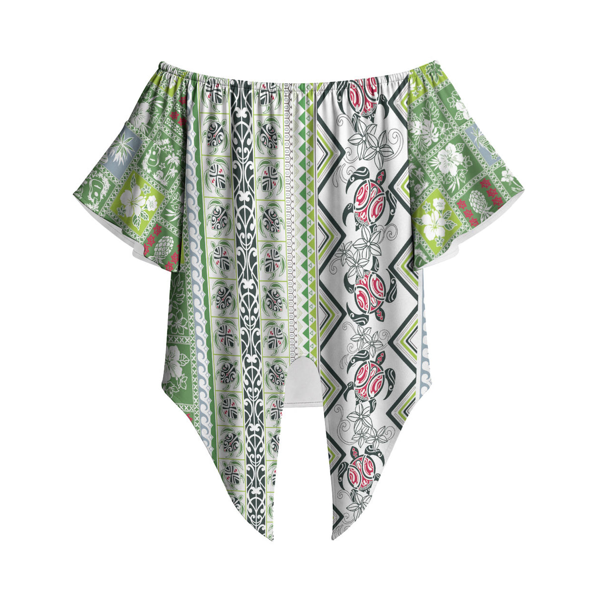 Hawaii Makahiki Turtle Off Shoulder Wrap Waist Top Green Tapa Pattern LT05 Green - Polynesian Pride