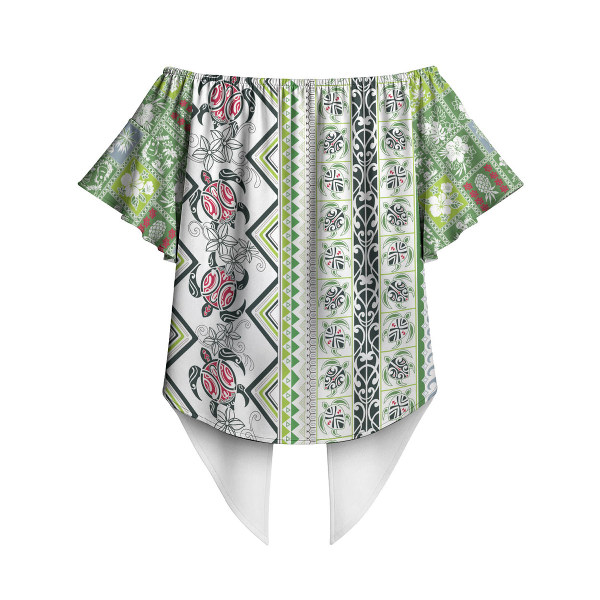 Hawaii Makahiki Turtle Off Shoulder Wrap Waist Top Green Tapa Pattern LT05 - Polynesian Pride