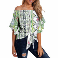 Hawaii Makahiki Turtle Off Shoulder Wrap Waist Top Green Tapa Pattern LT05 - Polynesian Pride