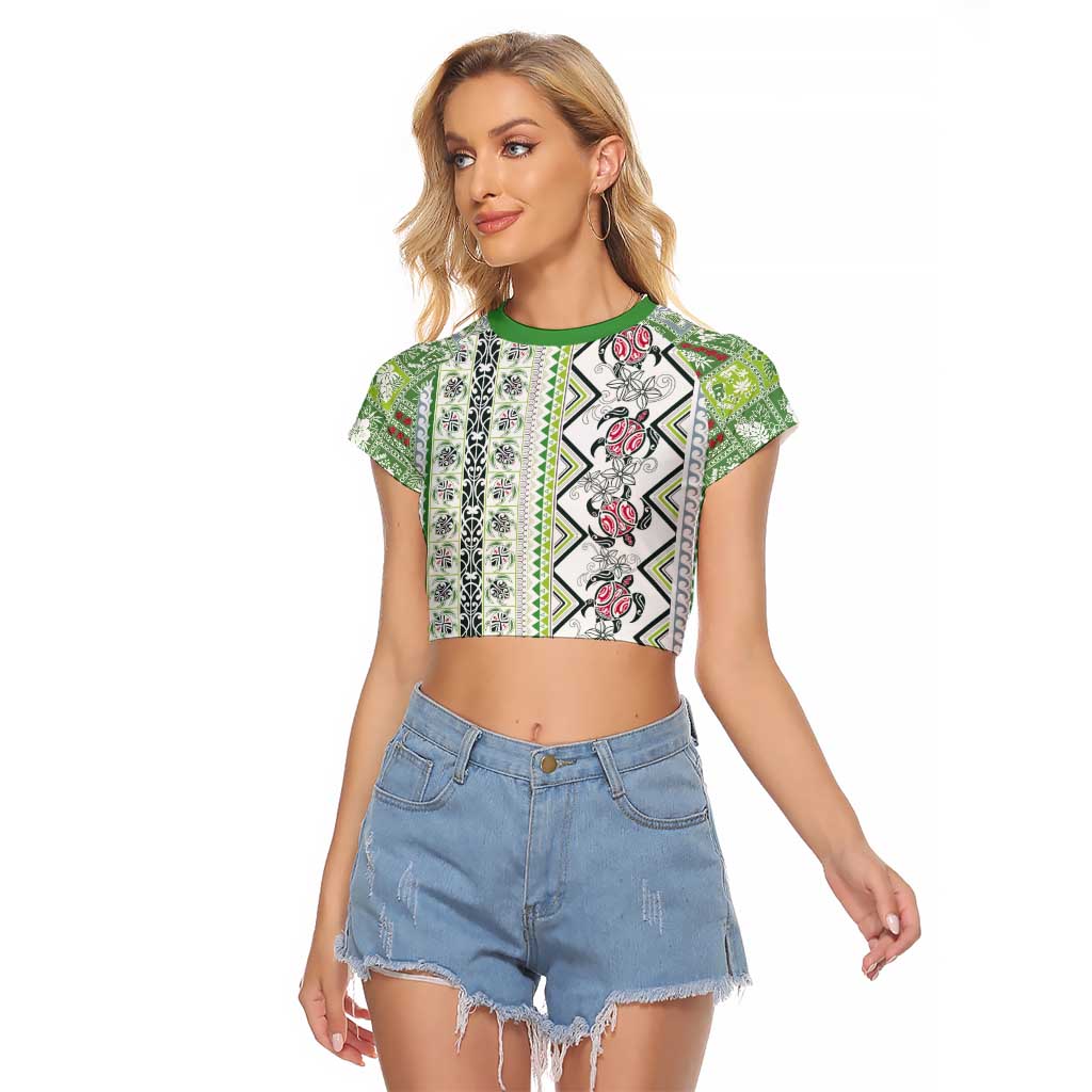 Hawaii Makahiki Turtle Raglan Cropped T Shirt Green Tapa Pattern - Polynesian Pride