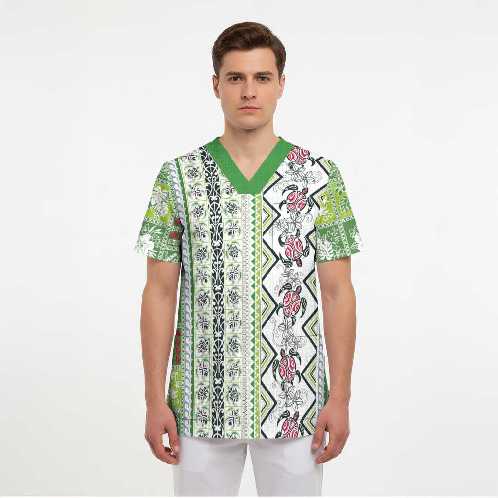 Hawaii Makahiki Turtle Scrub Top Green Tapa Pattern - Polynesian Pride