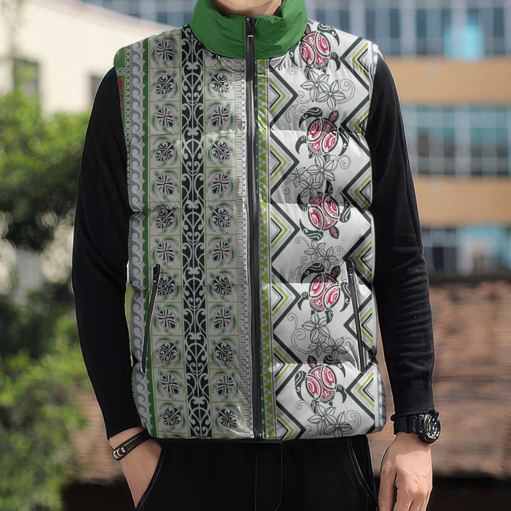 Hawaii Makahiki Turtle Sleeveless Puffer Jacket Green Tapa Pattern - Polynesian Pride