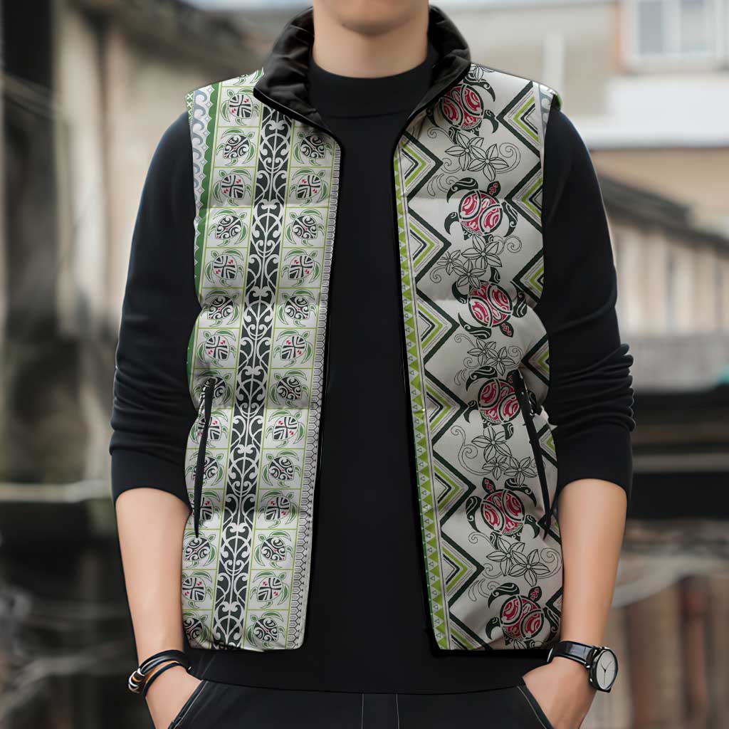Hawaii Makahiki Turtle Sleeveless Puffer Jacket Green Tapa Pattern - Polynesian Pride