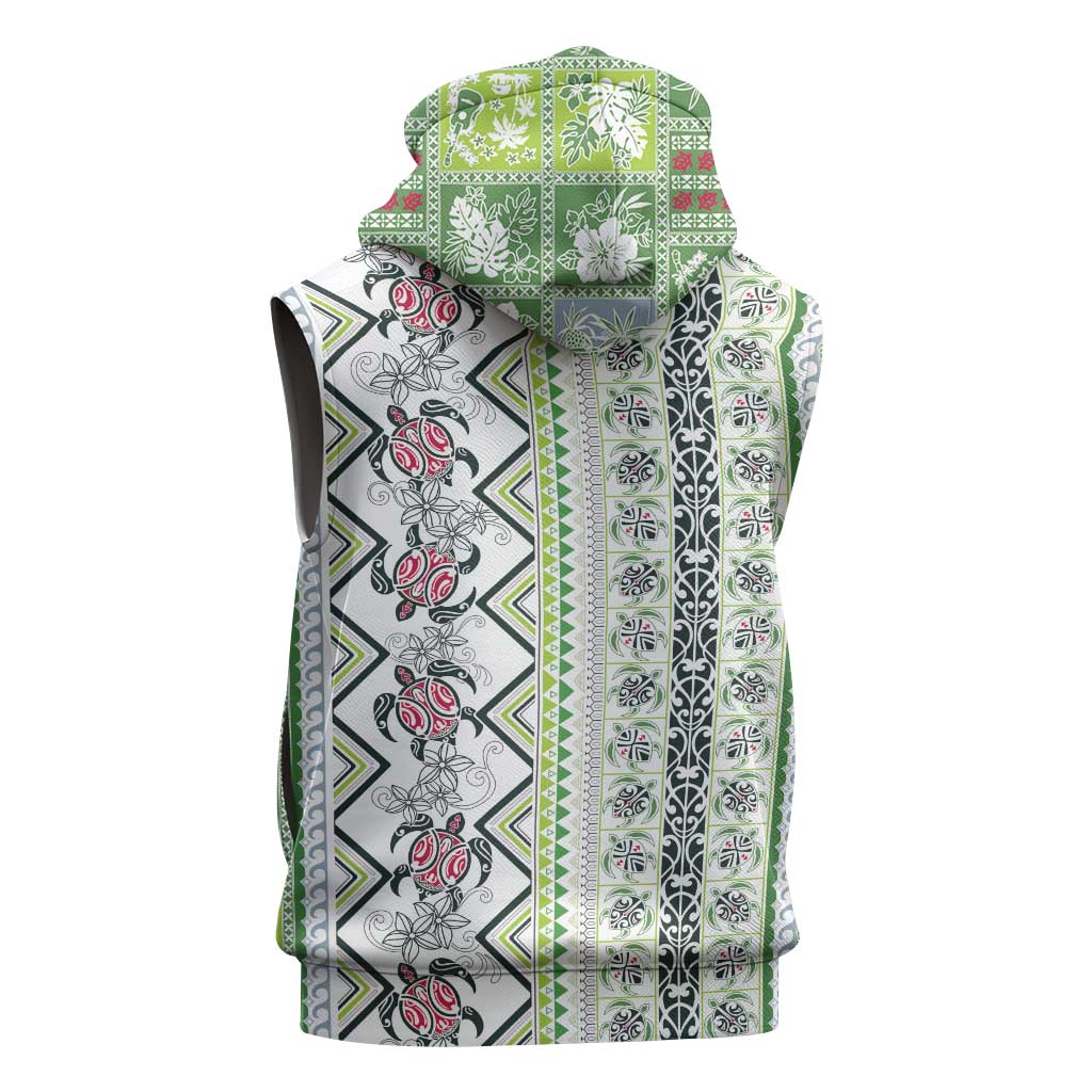 Hawaii Makahiki Turtle Sleeveless Zip Hoodie Green Tapa Pattern - Polynesian Pride