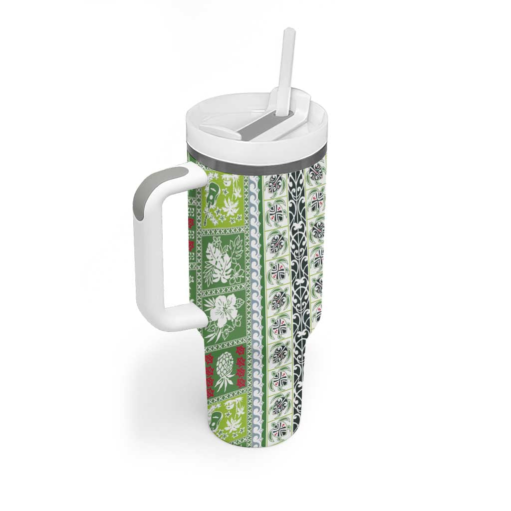 Hawaii Makahiki Turtle Tumbler With Handle Green Tapa Pattern - Polynesian Pride