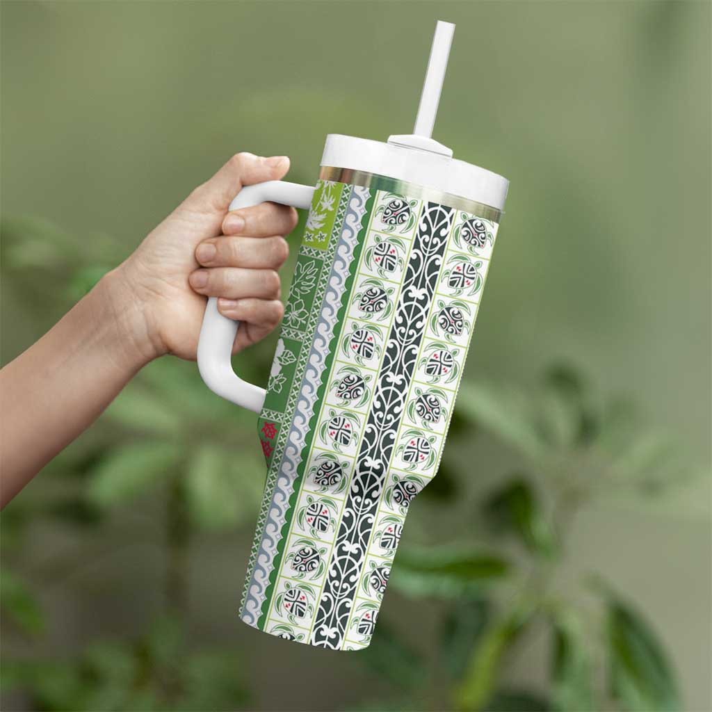 Hawaii Makahiki Turtle Tumbler With Handle Green Tapa Pattern - Polynesian Pride