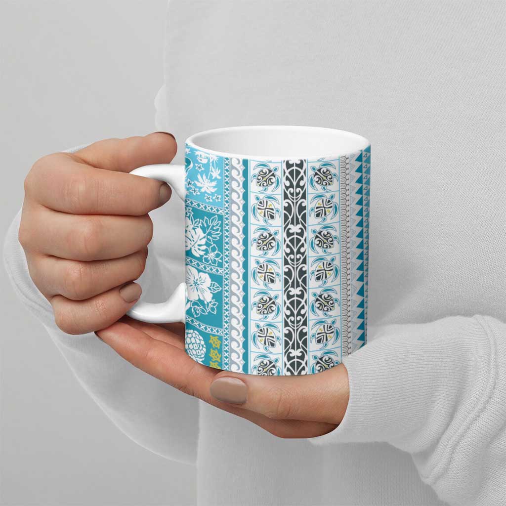 Hawaii Makahiki Turtle Ceramic Mug Blue Tapa Pattern - Polynesian Pride