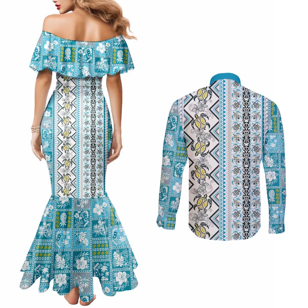 Hawaii Makahiki Turtle Couples Matching Mermaid Dress and Long Sleeve Button Shirt Blue Tapa Pattern - Polynesian Pride