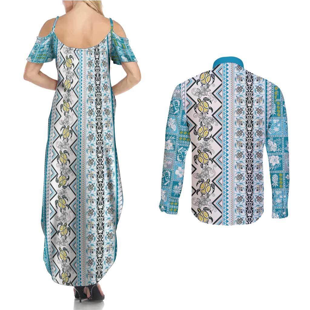 Hawaii Makahiki Turtle Couples Matching Summer Maxi Dress and Long Sleeve Button Shirt Blue Tapa Pattern - Polynesian Pride