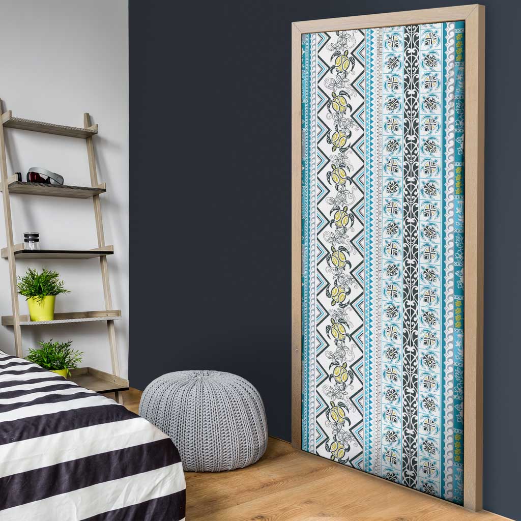 Hawaii Makahiki Turtle Door Cover Blue Tapa Pattern - Polynesian Pride