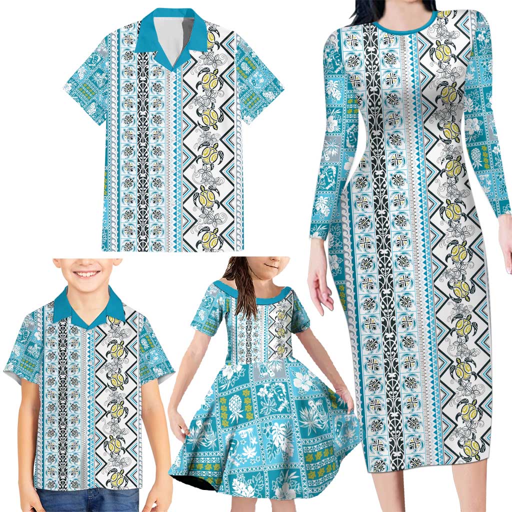 Hawaii Makahiki Turtle Family Matching Long Sleeve Bodycon Dress and Hawaiian Shirt Blue Tapa Pattern LT05 - Polynesian Pride