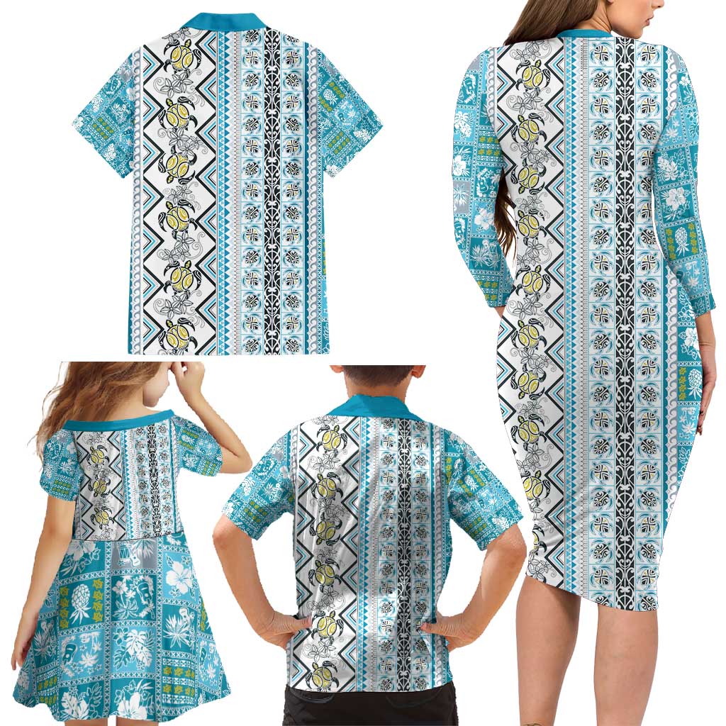 Hawaii Makahiki Turtle Family Matching Long Sleeve Bodycon Dress and Hawaiian Shirt Blue Tapa Pattern LT05 - Polynesian Pride