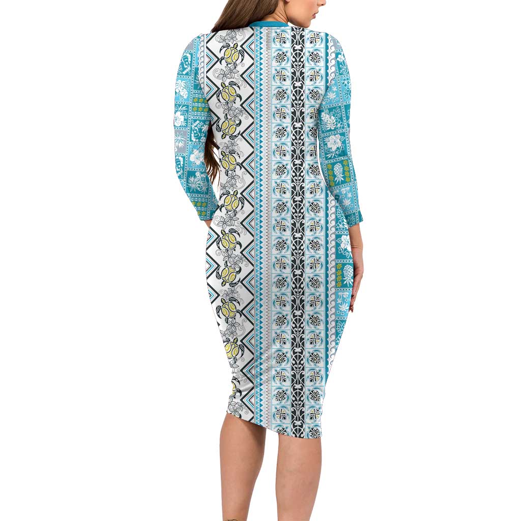Hawaii Makahiki Turtle Family Matching Long Sleeve Bodycon Dress and Hawaiian Shirt Blue Tapa Pattern LT05 - Polynesian Pride