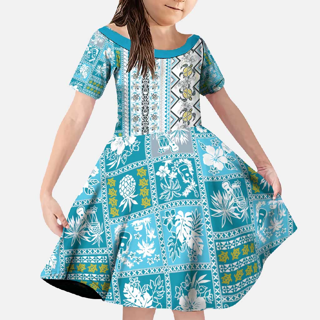 Hawaii Makahiki Turtle Family Matching Mermaid Dress and Hawaiian Shirt Blue Tapa Pattern LT05 Daughter's Dress Blue - Polynesian Pride