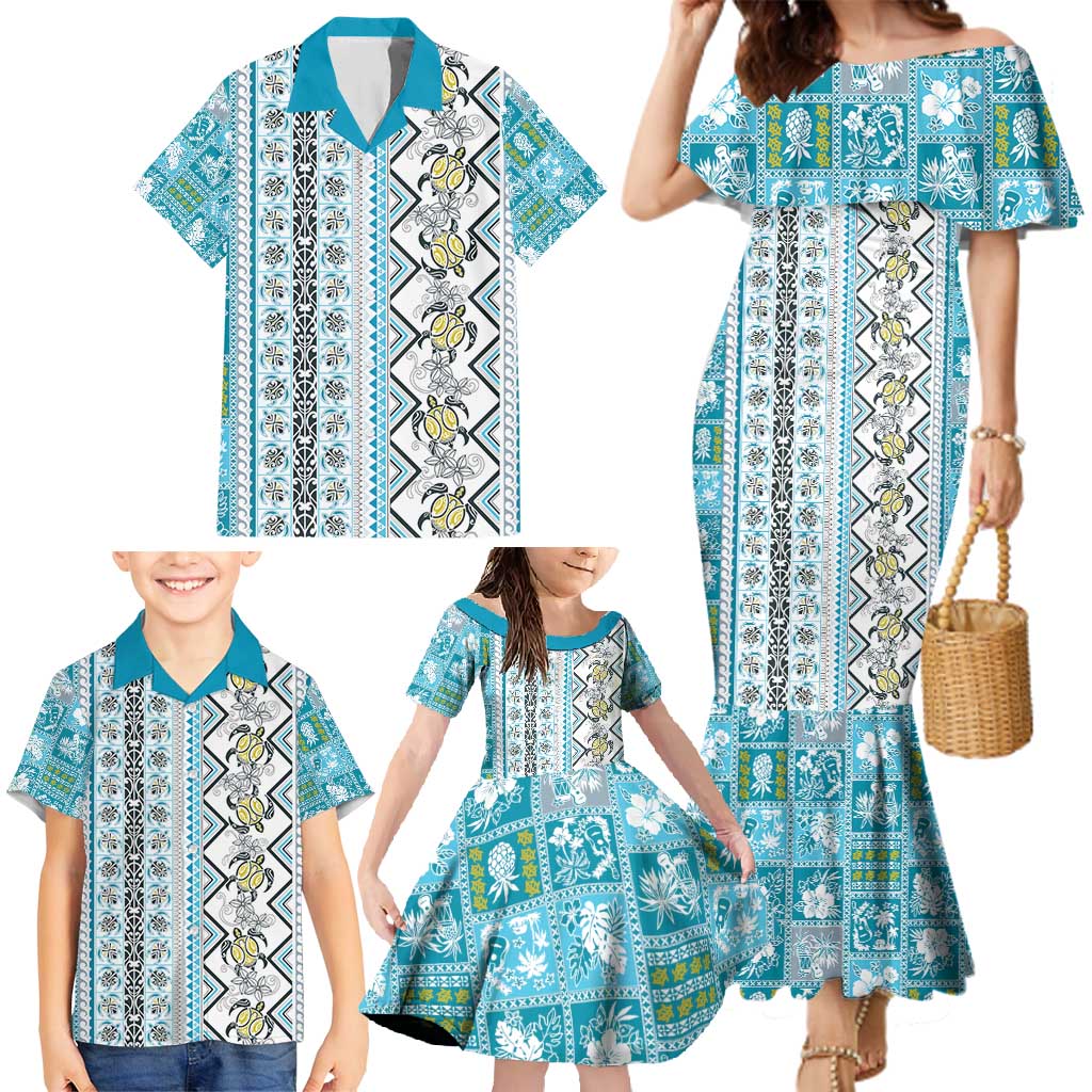 Hawaii Makahiki Turtle Family Matching Mermaid Dress and Hawaiian Shirt Blue Tapa Pattern LT05 - Polynesian Pride
