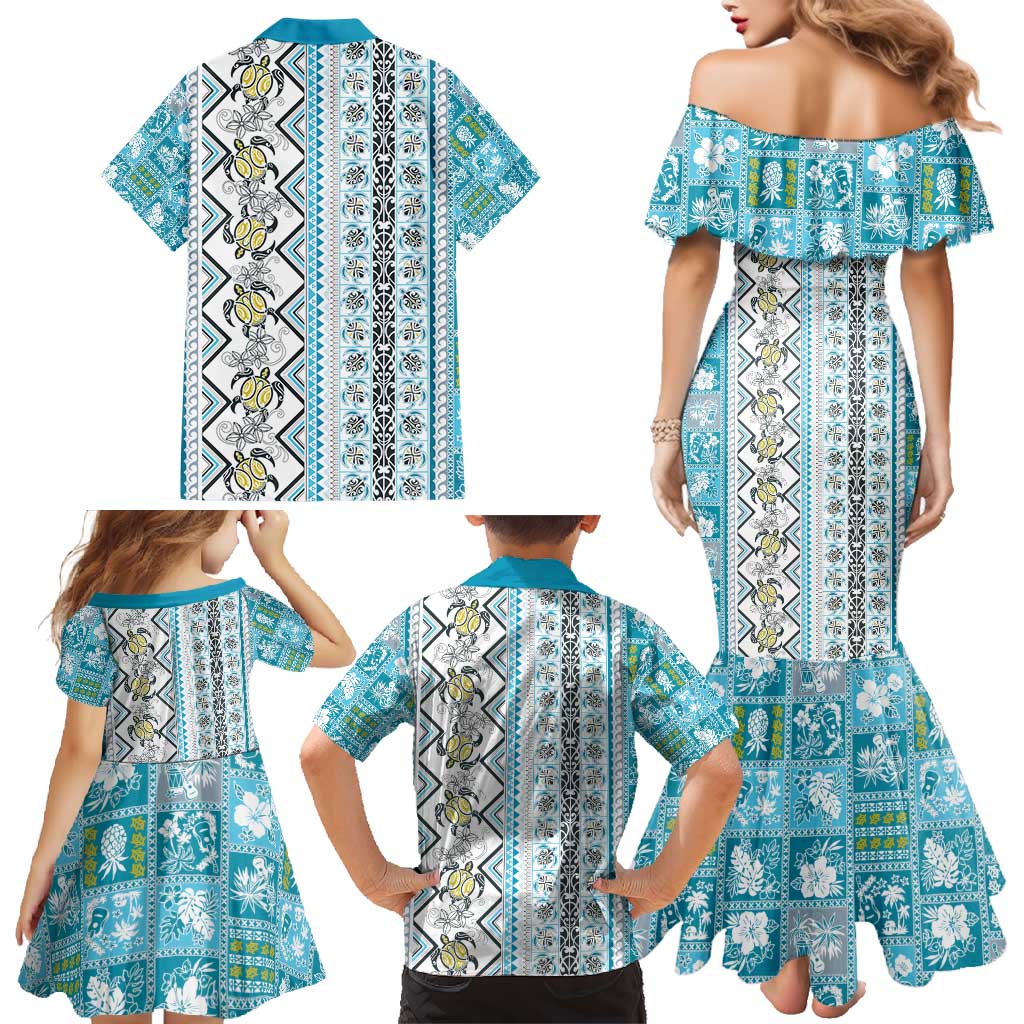 Hawaii Makahiki Turtle Family Matching Mermaid Dress and Hawaiian Shirt Blue Tapa Pattern LT05 - Polynesian Pride