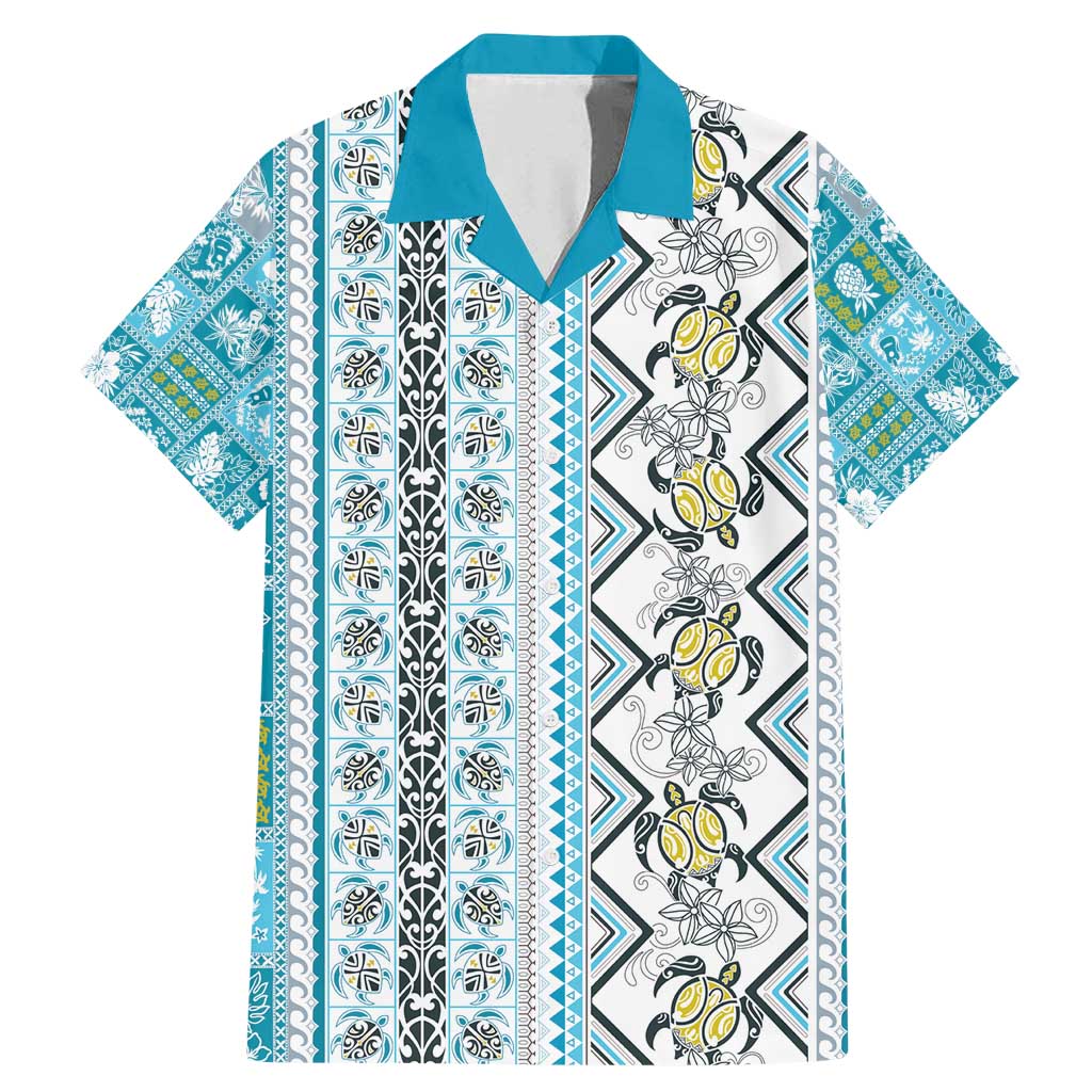 Hawaii Makahiki Turtle Family Matching Mermaid Dress and Hawaiian Shirt Blue Tapa Pattern LT05 Dad's Shirt - Short Sleeve Blue - Polynesian Pride