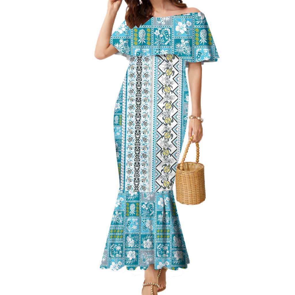 Hawaii Makahiki Turtle Family Matching Mermaid Dress and Hawaiian Shirt Blue Tapa Pattern LT05 Mom's Dress Blue - Polynesian Pride