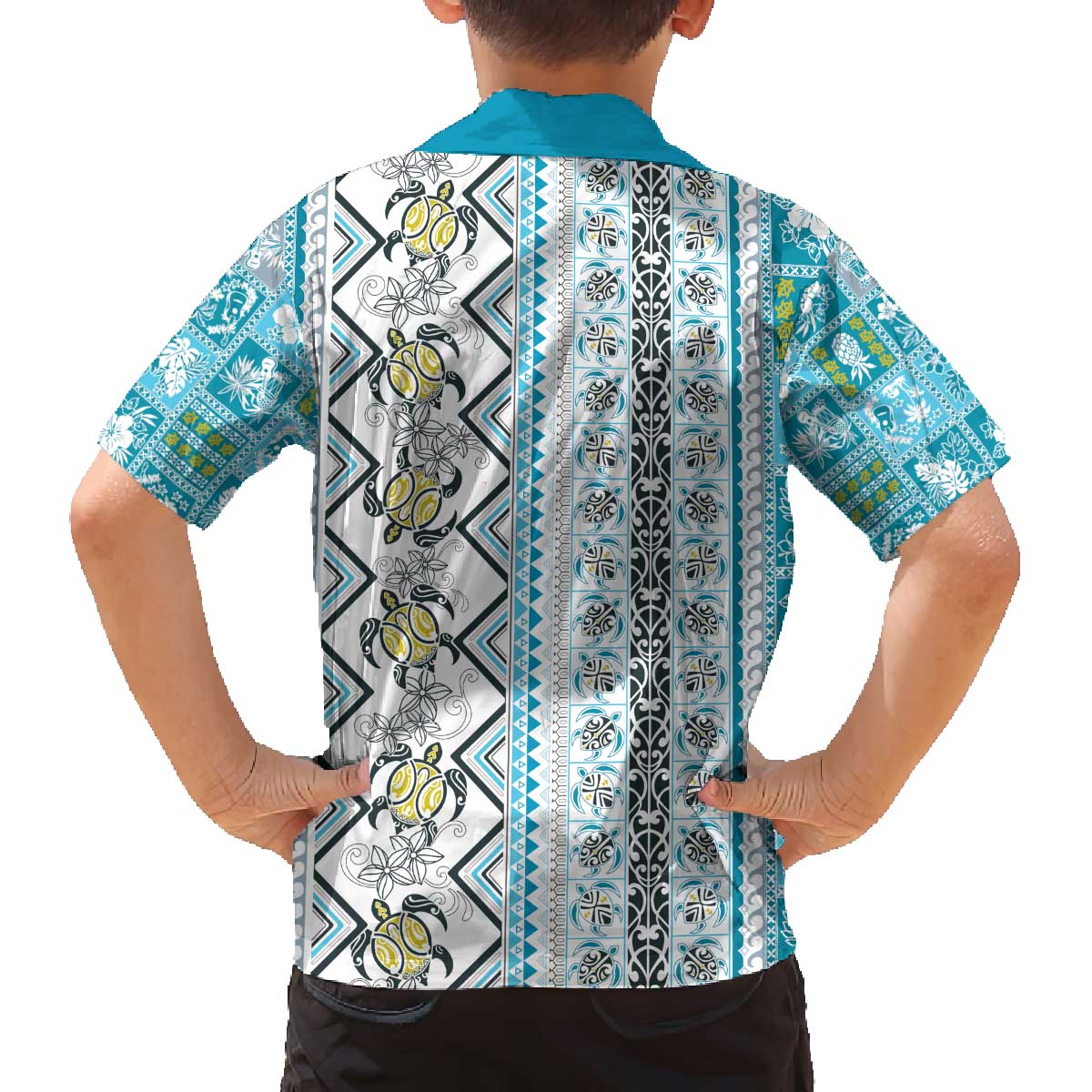 Hawaii Makahiki Turtle Family Matching Off The Shoulder Long Sleeve Dress and Hawaiian Shirt Blue Tapa Pattern LT05 - Polynesian Pride