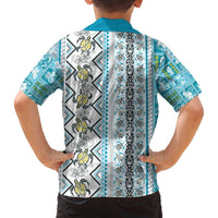 Hawaii Makahiki Turtle Family Matching Off The Shoulder Long Sleeve Dress and Hawaiian Shirt Blue Tapa Pattern LT05 - Polynesian Pride