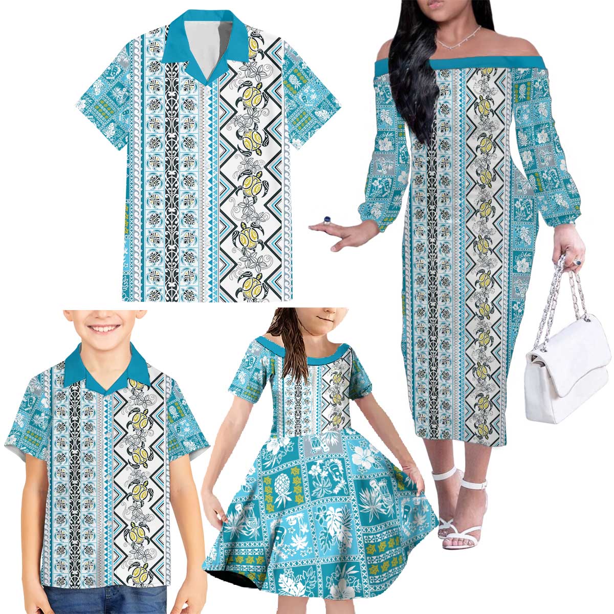 Hawaii Makahiki Turtle Family Matching Off The Shoulder Long Sleeve Dress and Hawaiian Shirt Blue Tapa Pattern LT05 - Polynesian Pride