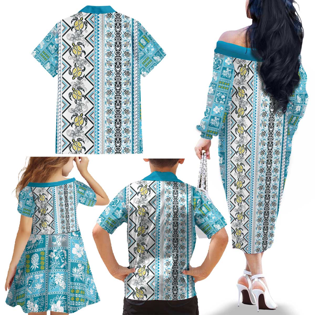 Hawaii Makahiki Turtle Family Matching Off The Shoulder Long Sleeve Dress and Hawaiian Shirt Blue Tapa Pattern LT05 - Polynesian Pride