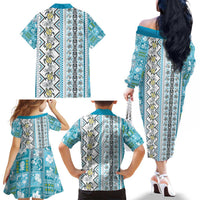 Hawaii Makahiki Turtle Family Matching Off The Shoulder Long Sleeve Dress and Hawaiian Shirt Blue Tapa Pattern LT05 - Polynesian Pride