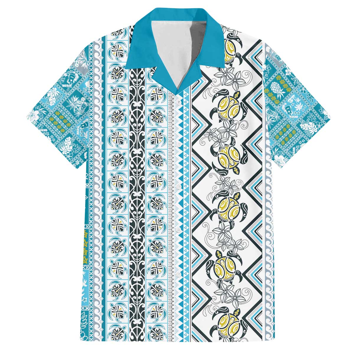 Hawaii Makahiki Turtle Family Matching Off The Shoulder Long Sleeve Dress and Hawaiian Shirt Blue Tapa Pattern LT05 Dad's Shirt - Short Sleeve Blue - Polynesian Pride