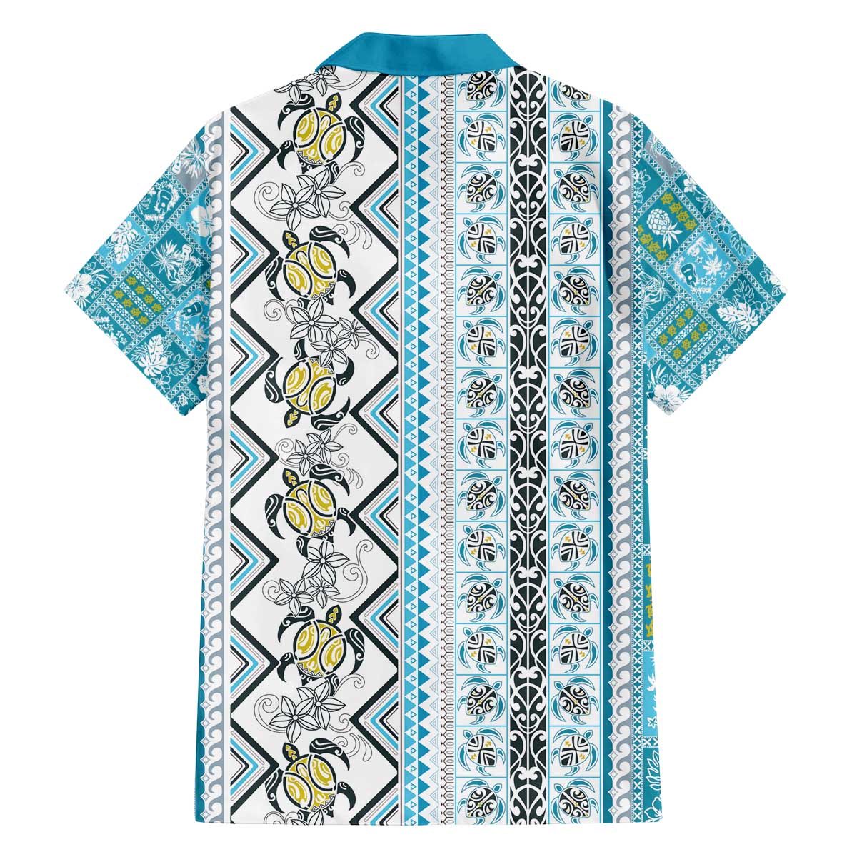 Hawaii Makahiki Turtle Family Matching Off The Shoulder Long Sleeve Dress and Hawaiian Shirt Blue Tapa Pattern LT05 - Polynesian Pride