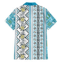 Hawaii Makahiki Turtle Family Matching Off The Shoulder Long Sleeve Dress and Hawaiian Shirt Blue Tapa Pattern LT05 - Polynesian Pride