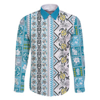 Hawaii Makahiki Turtle Family Matching Off The Shoulder Long Sleeve Dress and Hawaiian Shirt Blue Tapa Pattern LT05 Dad's Shirt - Long Sleeve Blue - Polynesian Pride