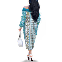 Hawaii Makahiki Turtle Family Matching Off The Shoulder Long Sleeve Dress and Hawaiian Shirt Blue Tapa Pattern LT05 - Polynesian Pride