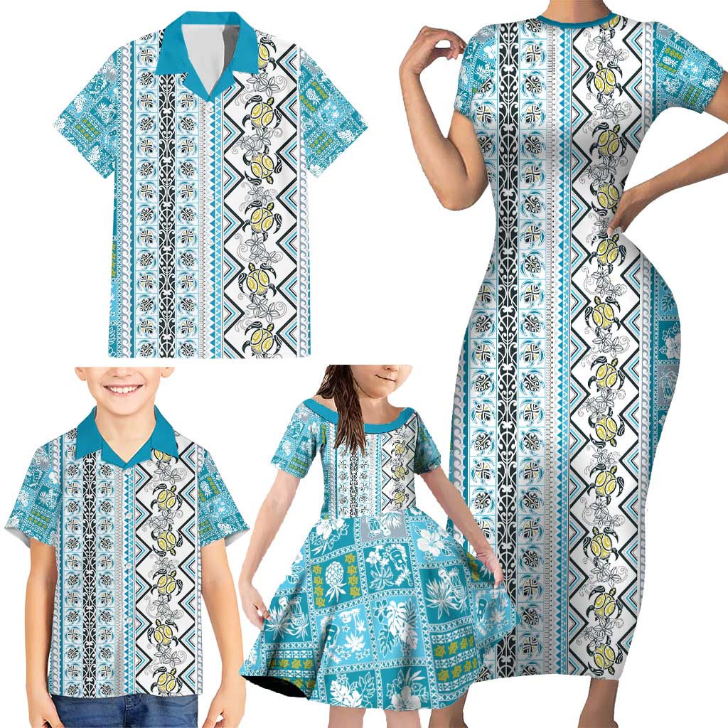 Hawaii Makahiki Turtle Family Matching Short Sleeve Bodycon Dress and Hawaiian Shirt Blue Tapa Pattern LT05 - Polynesian Pride