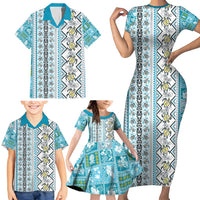 Hawaii Makahiki Turtle Family Matching Short Sleeve Bodycon Dress and Hawaiian Shirt Blue Tapa Pattern LT05 - Polynesian Pride