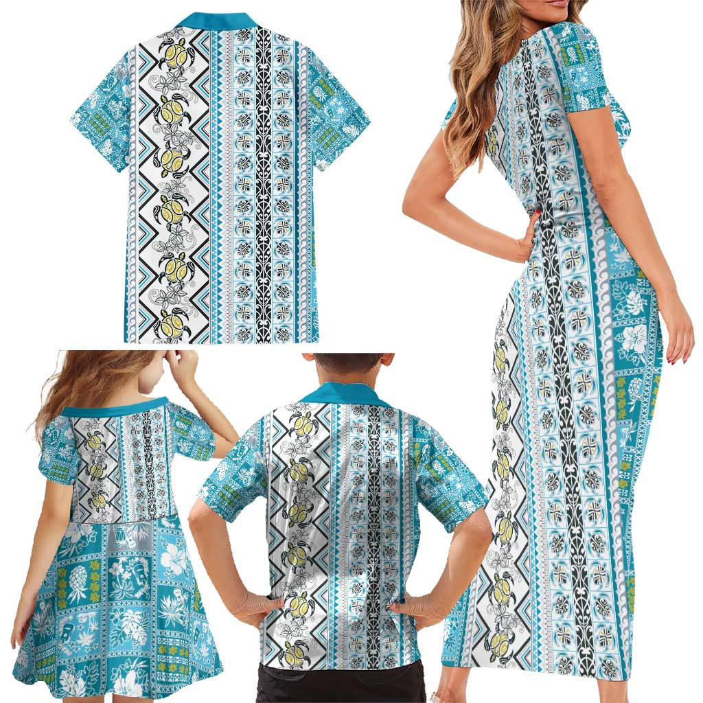 Hawaii Makahiki Turtle Family Matching Short Sleeve Bodycon Dress and Hawaiian Shirt Blue Tapa Pattern LT05 - Polynesian Pride
