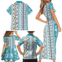 Hawaii Makahiki Turtle Family Matching Short Sleeve Bodycon Dress and Hawaiian Shirt Blue Tapa Pattern LT05 - Polynesian Pride